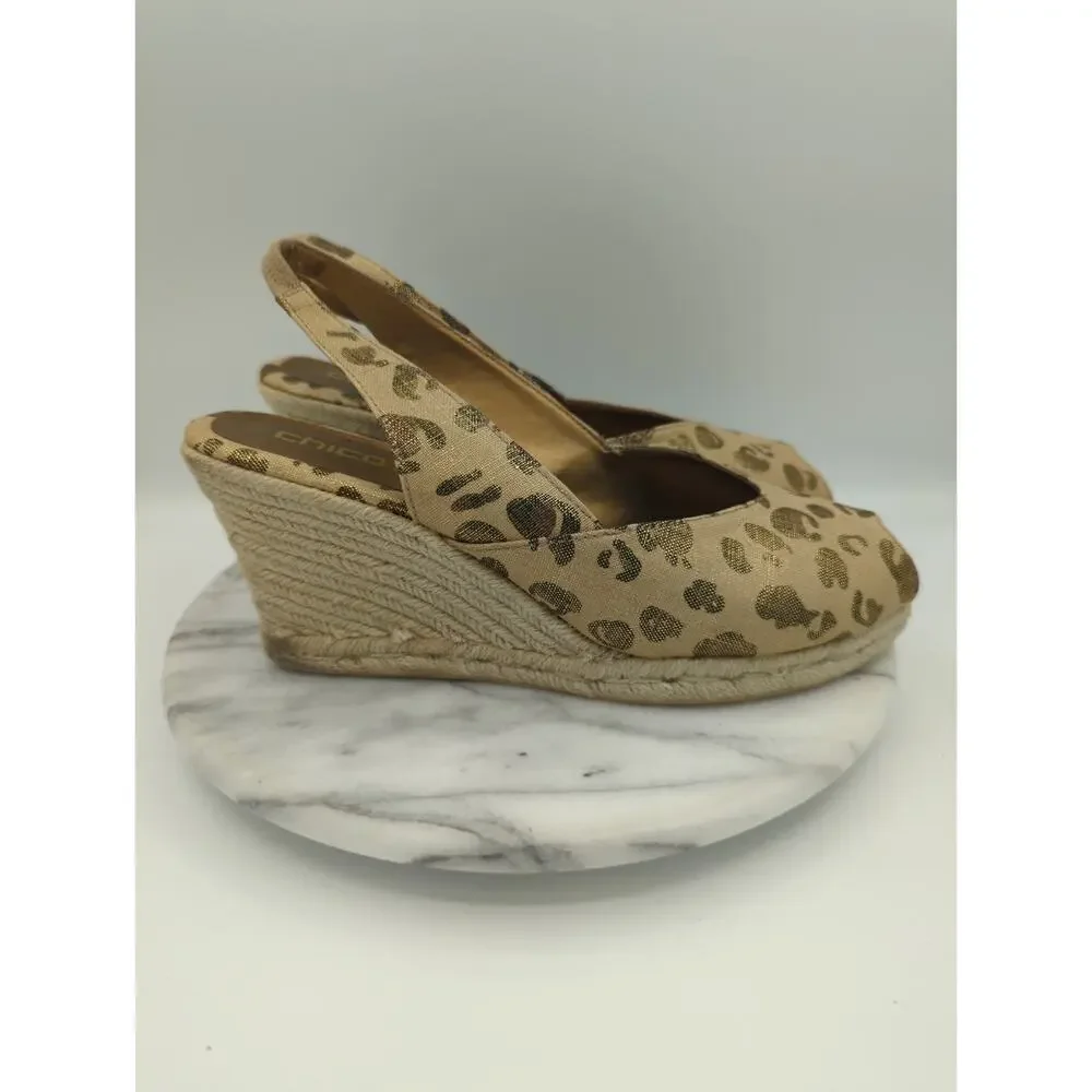 Chico’s Wedge 10 Metallic Animal Print‎ Leopard Peep Toe Slingback Espadrilles